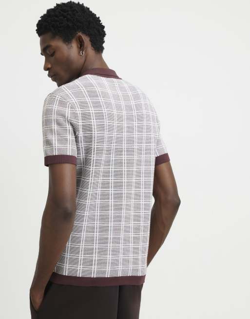 River Island Slim fit check knitted polo shirt in brown , 4 of 4