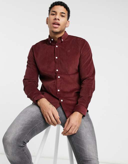 River Island slim fit cord shirt in burgundy ASOS