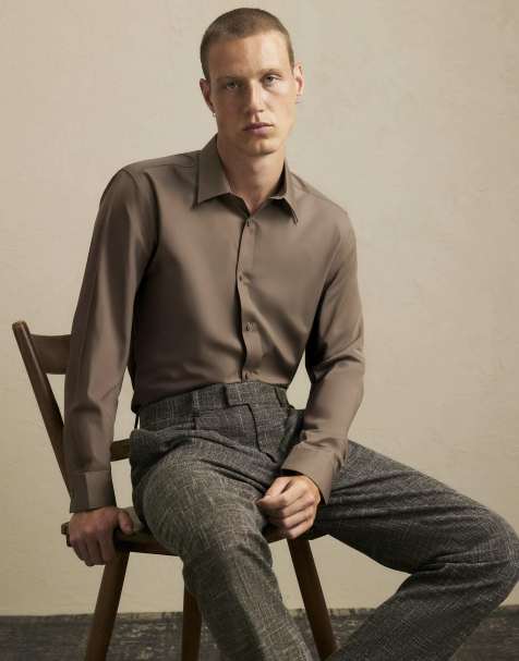 River Island Slim fit cotton shirt in stone - view 1