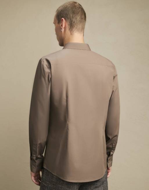 River Island Slim fit cotton shirt in stone, 4 of 4