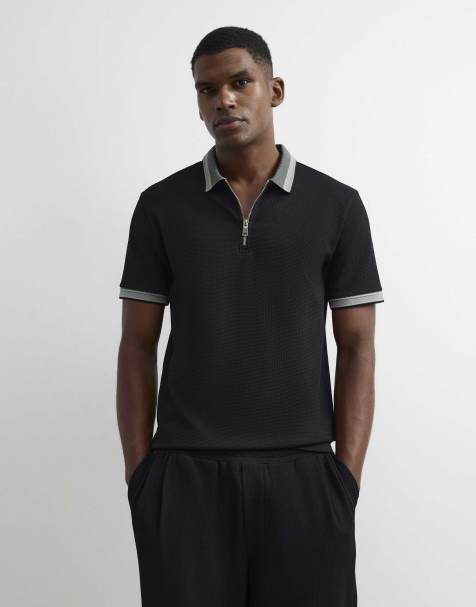 River Island Slim fit cotton zipped polo shirt in black - view 1