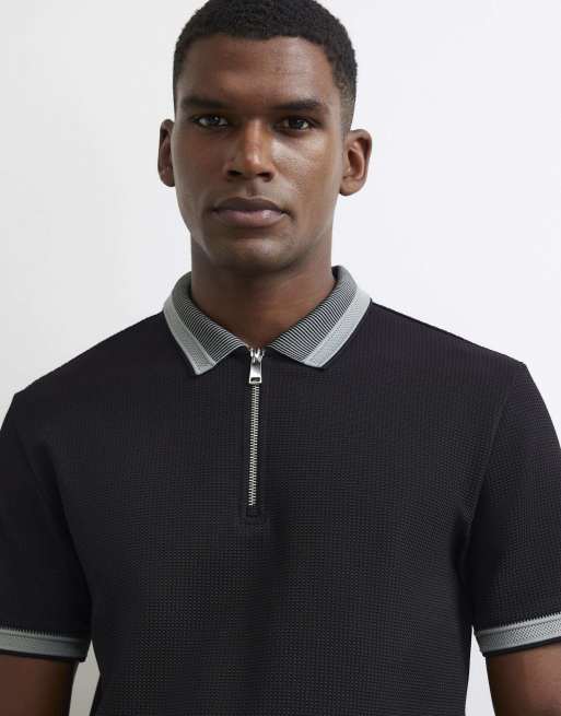 River Island Slim fit cotton zipped polo shirt in black, 3 of 4