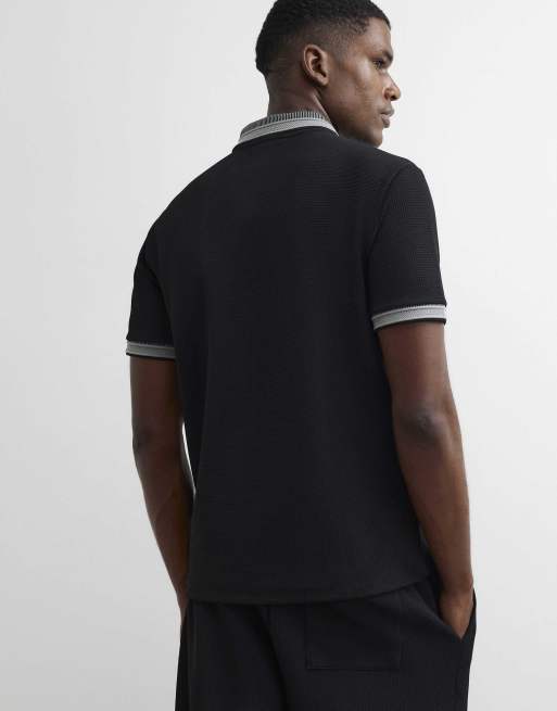 River Island Slim fit cotton zipped polo shirt in black, 4 of 4