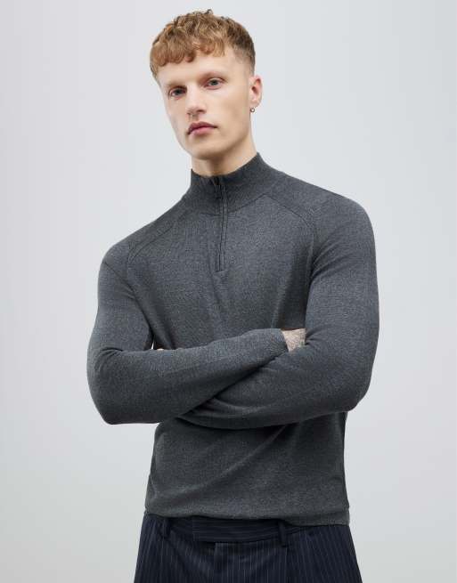 River Island Slim fit half zip jumper in grey - dark
