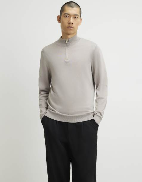River Island Slim fit half zip jumper in stone - view 1
