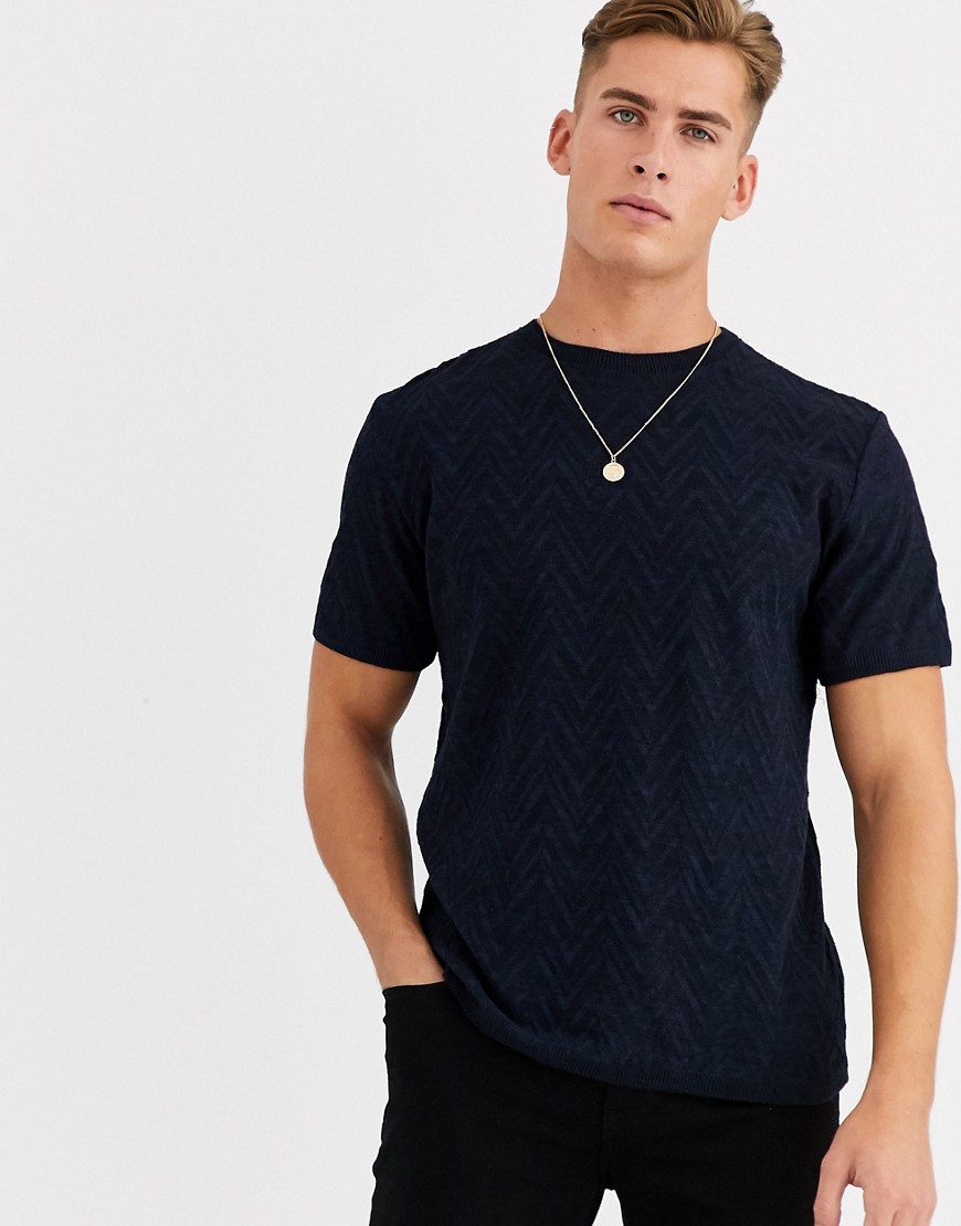 River Island slim fit knitted curve hem t-shirt in navy