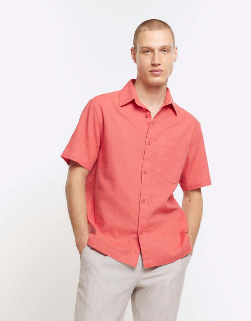 River Island Slim fit linen blend short sleeve shirt in coral