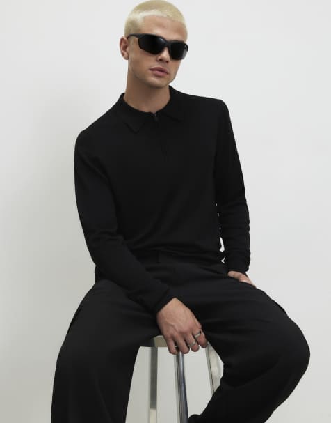 River Island Slim fit long sleeve polo shirt in black - view 1