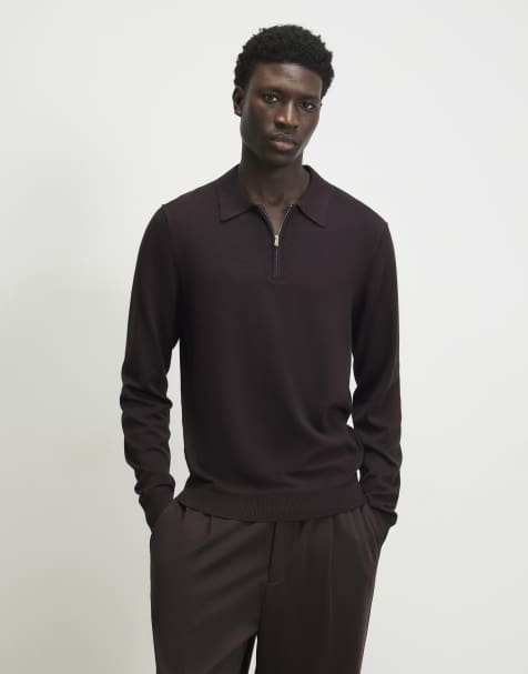 River Island Slim fit long sleeve polo shirt in burgundy - view 1