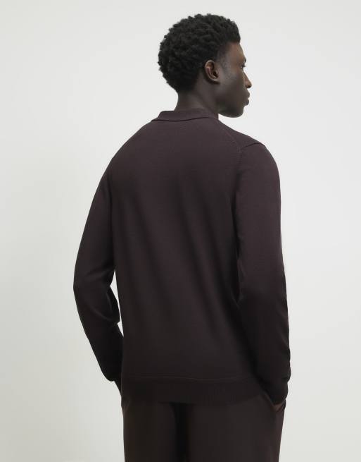 River Island Slim fit long sleeve polo shirt in burgundy, 4 of 4