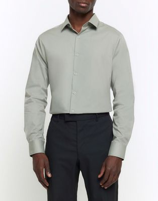River Island Slim fit long sleeve smart shirt in khaki