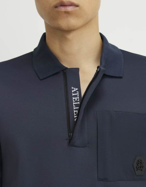 River Island Slim fit nylon pocket polo shirt in navy, 3 of 4