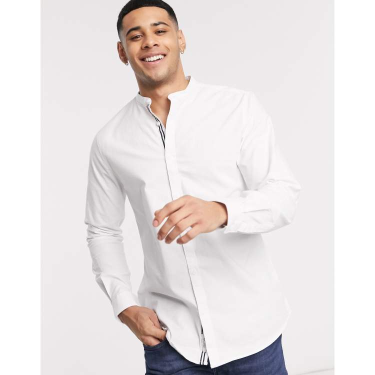 River Island slim fit oxford shirt with grandad collar in white ASOS