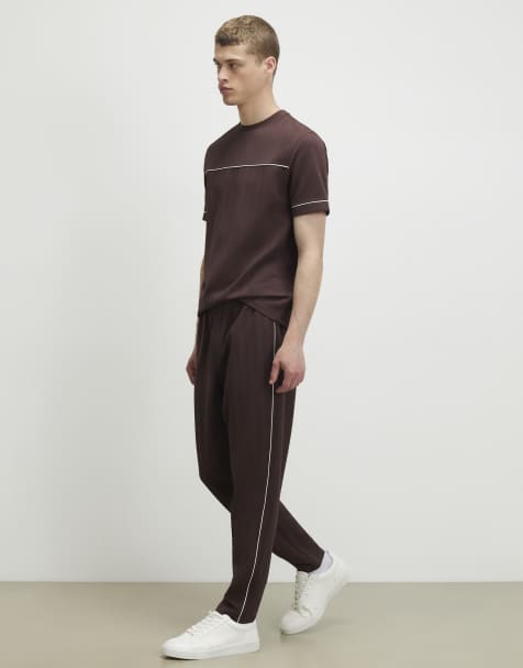 River Island Slim fit piped textured joggers in brown - view 1