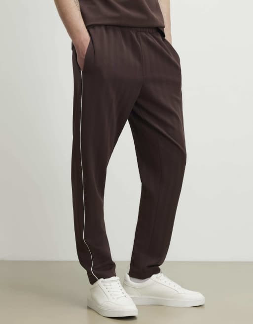 River Island Slim fit piped textured joggers in brown, 3 of 4