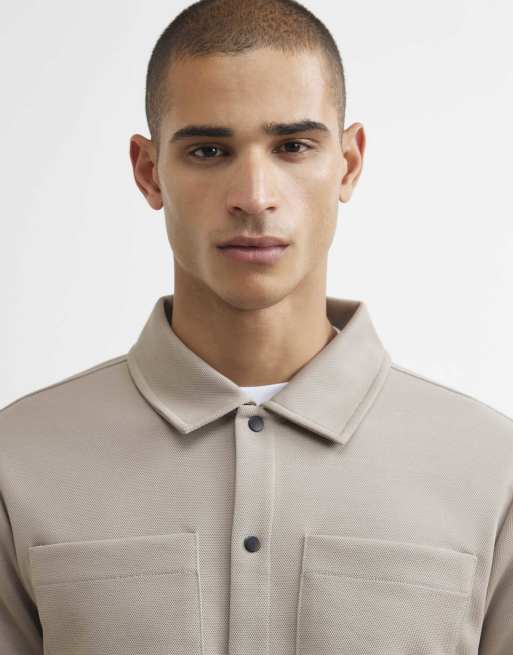 River Island Slim fit pique double pocket jacket in stone, 2 of 4