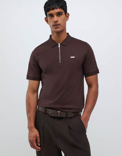 River Island Slim fit premium polo shirt in brown - dark
