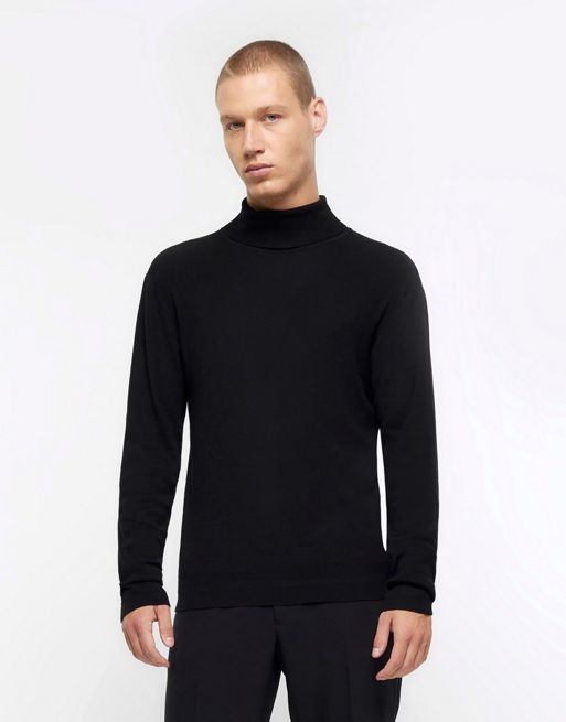 River Island slim fit roll neck jumper in black | ASOS