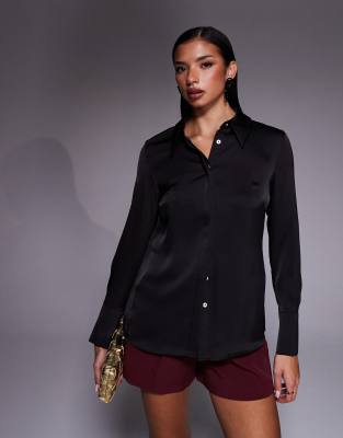 River Island Slim Fit Satin Shirt In Black