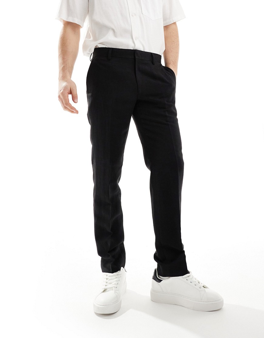 River Island slim fit smart linen trousers in black