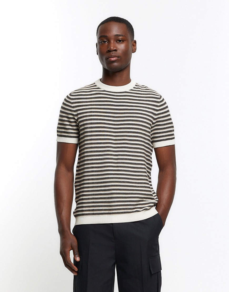 River Island Slim fit stripe knitted t-shirt in brown