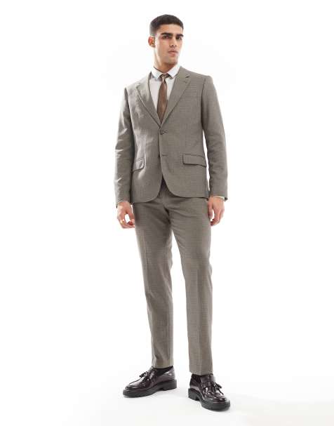 River Island slim fit suit in heritage microcheck - BROWN - view 1