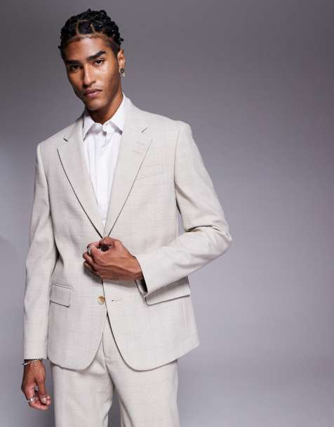 River Island slim fit suit jacket in beige check - view 1