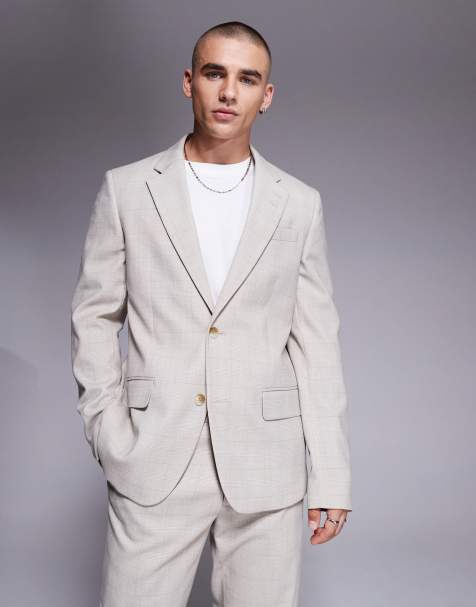 River Island slim fit suit jacket in beige plaid - view 1