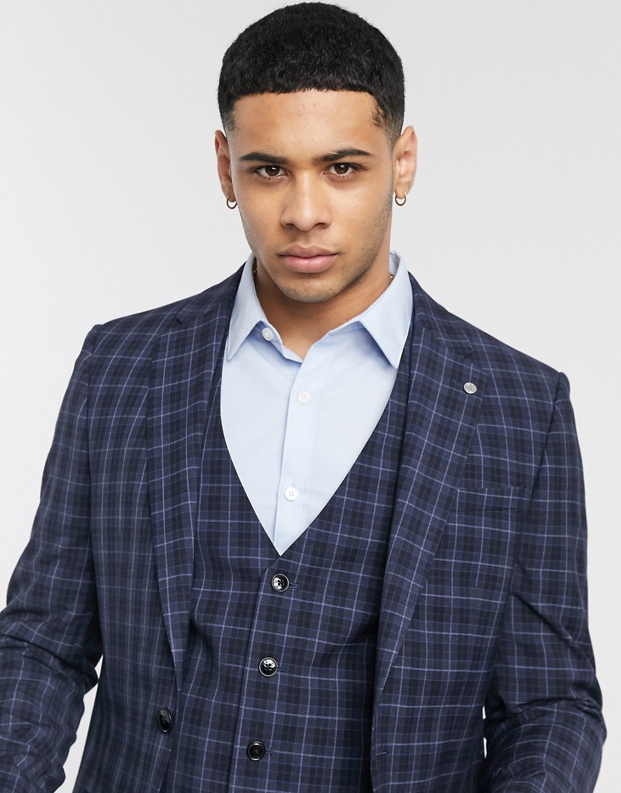 River Island slim fit suit jacket in navy check