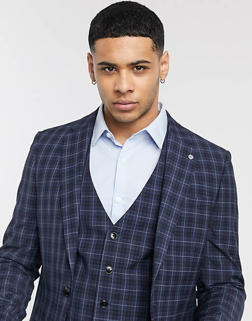 Suits River Island slim fit suit jacket in navy check 