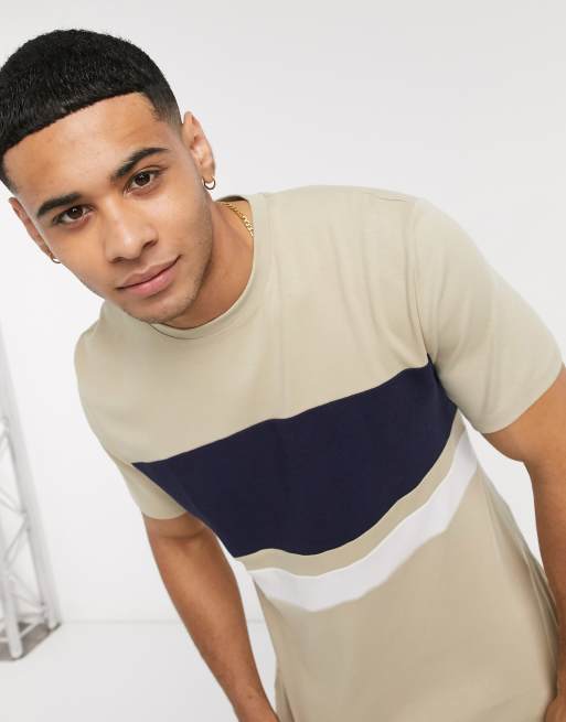 River Island slim fit tshirt with horizontal blocking in tan & camel
