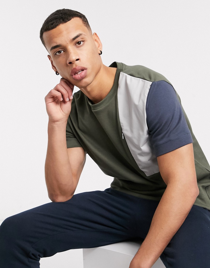 River Island slim fit t-shirt with side zip in khaki-Green