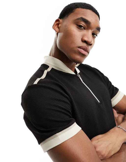 River Island slim fit taped baseball collar polo shirt in black