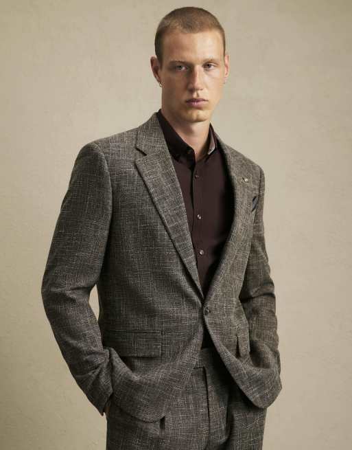 River Island Slim fit textured blazer in brown , 3 of 4