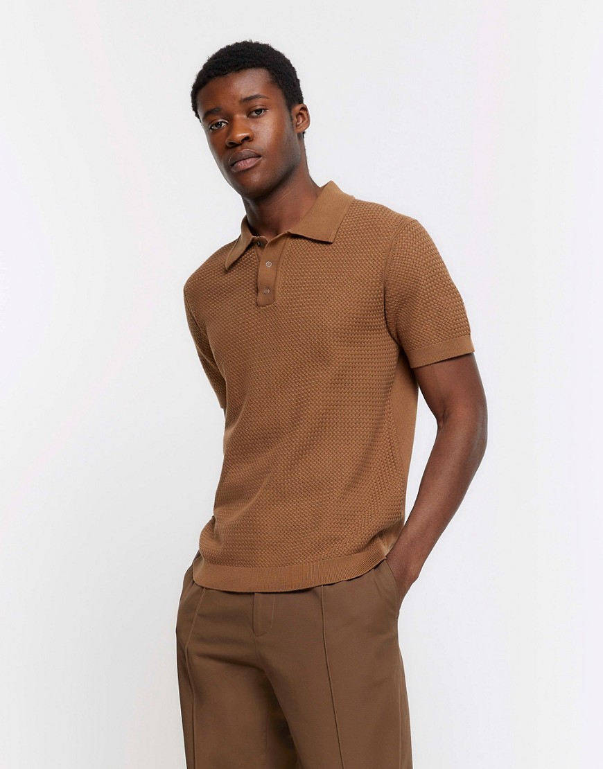 River Island Slim fit textured knit polo in brown - light