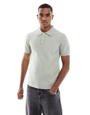 River Island Slim fit textured knit polo in green - light