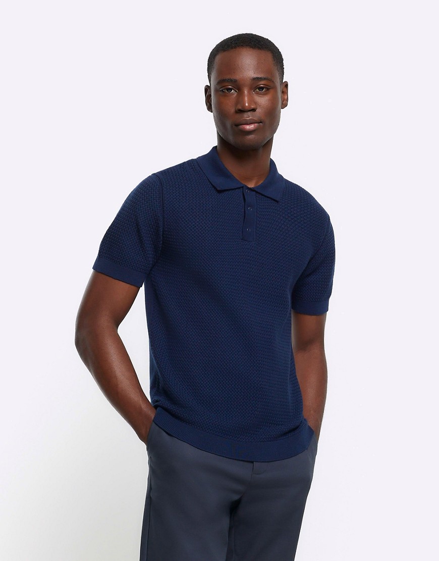 River Island Slim fit textured knit polo in navy-Blue
