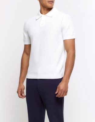 River Island Slim fit textured knit polo in white - ASOS Price Checker