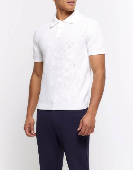 River Island Slim fit textured knit polo in white | ASOS