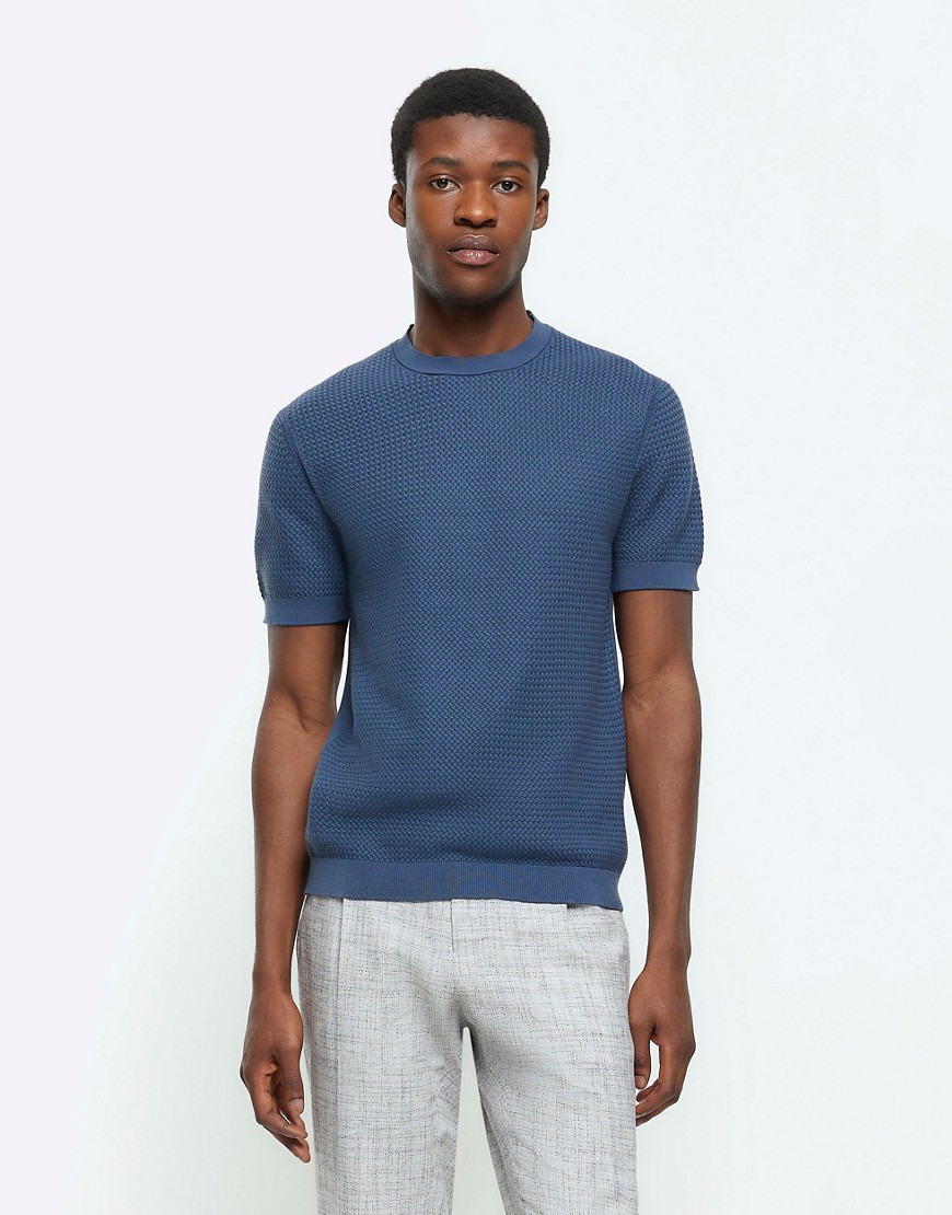 River Island Slim fit textured knit t-shirt in blue - medium