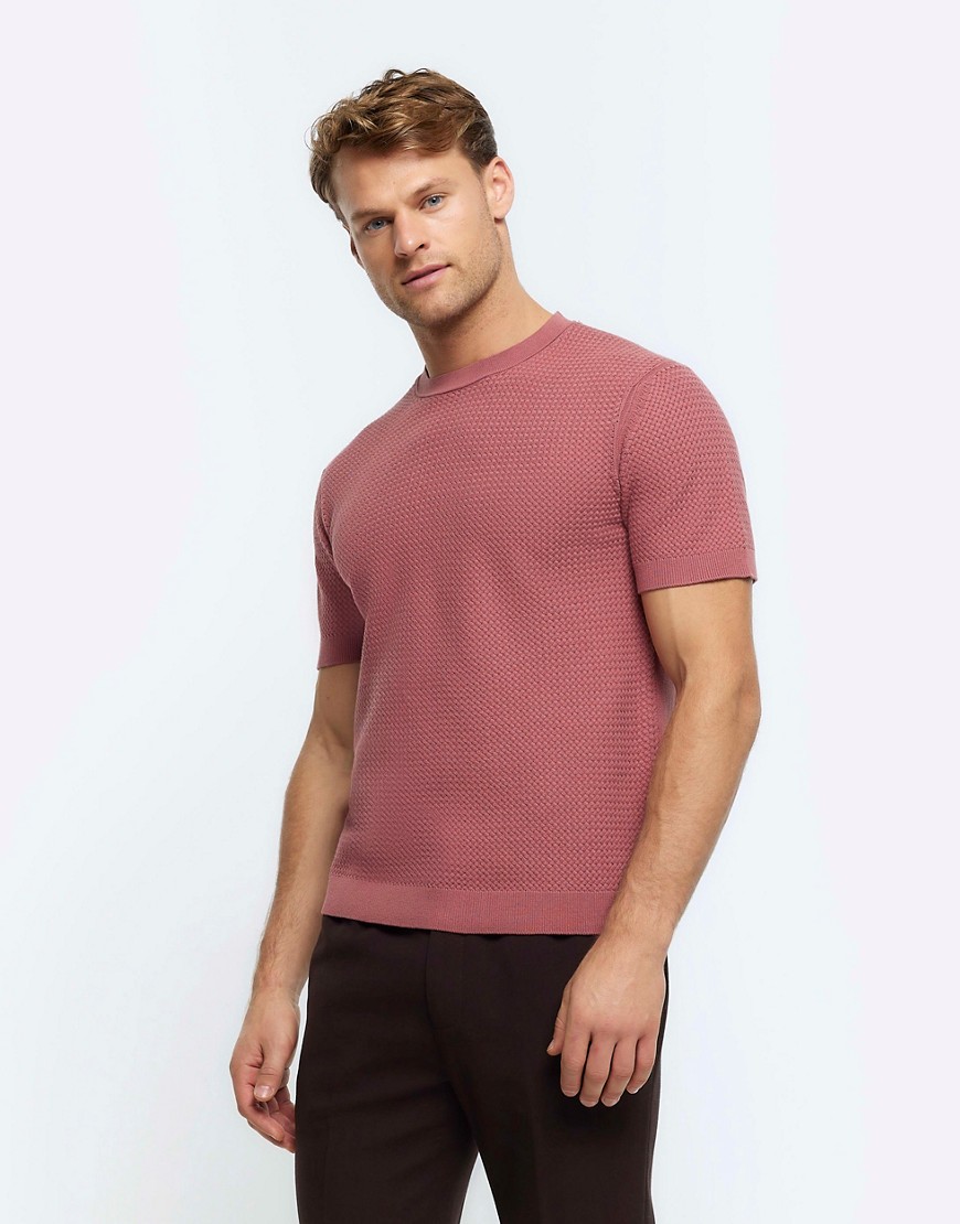 River Island Slim fit textured knit t-shirt in pink - medium