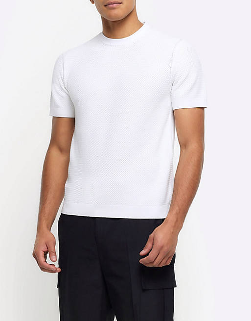 River Island Slim fit textured knit t-shirt in white | ASOS