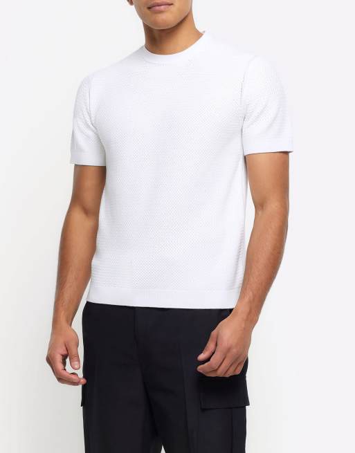 River Island Slim fit textured knit tshirt in white ASOS