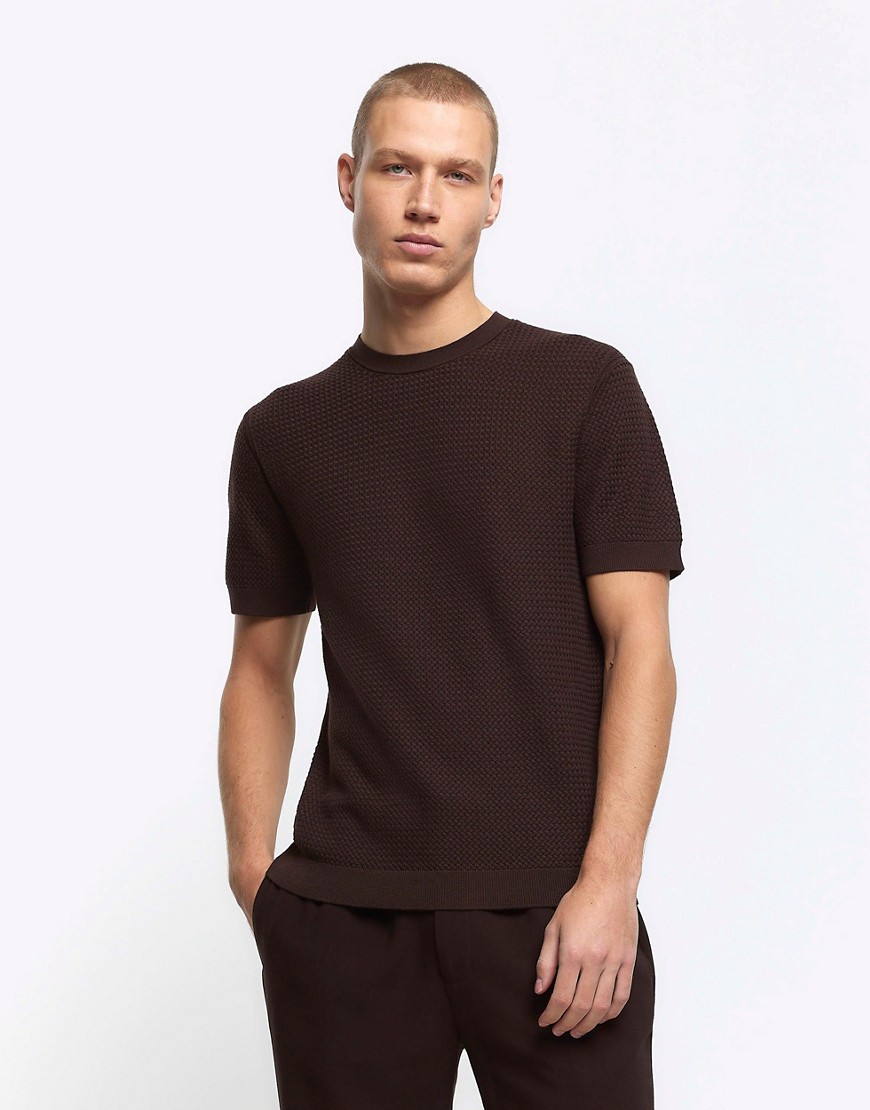River Island Slim fit textured knitted t-shirt in brown - dark