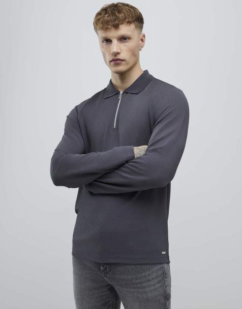 River Island Slim fit textured polo shirt in grey - dark