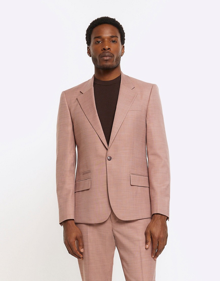 River Island Slim fit textured suit jacket in pink - marl