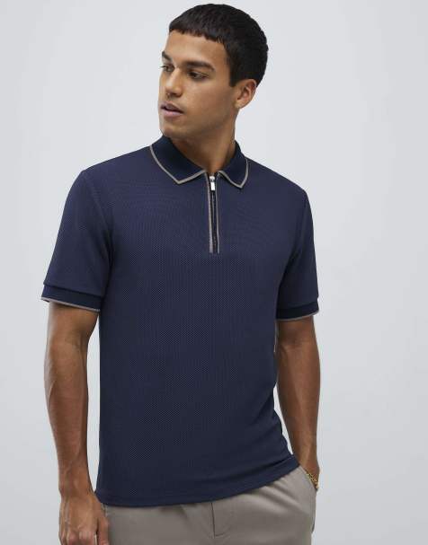 River Island Slim fit textured zip neck polo shirt in navy - view 1