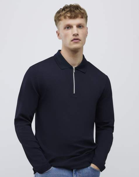 River Island Slim fit textured zip neck polo shirt in navy