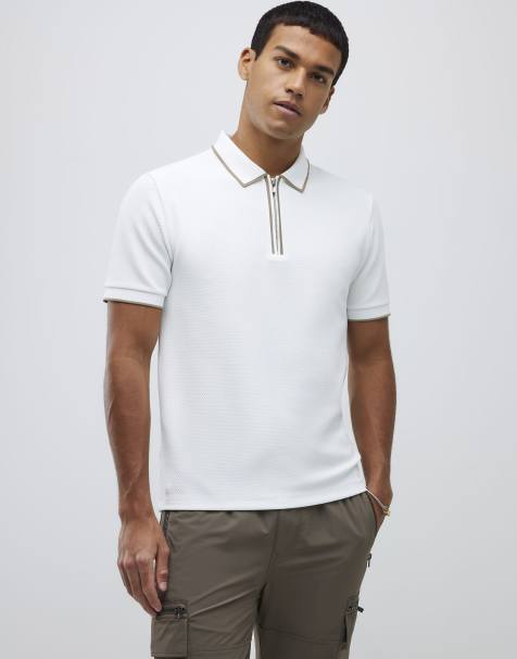 River Island Slim fit textured zip neck polo shirt in white - view 1