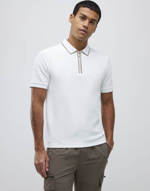 River Island Slim fit textured zip neck polo shirt in white